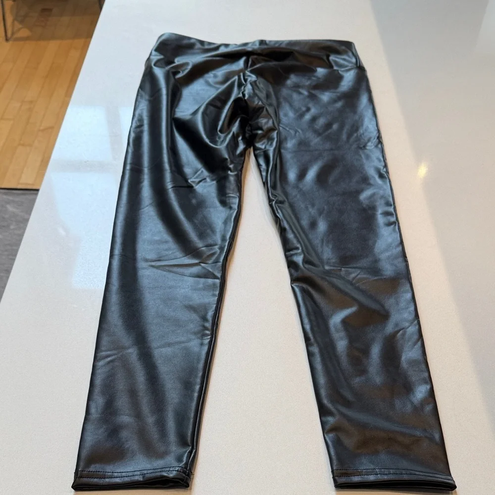 Faux Leather Leggings, Waist Control Support, Black, Fleece Lined, Size XL